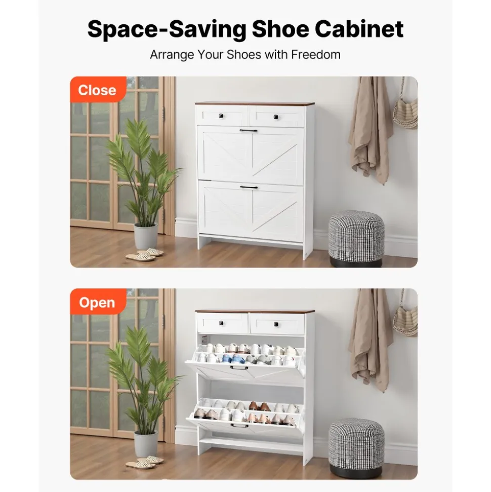 VEVOR Shoe Cabinet with 2 Flip Drawers, Farmhouse Shoes Storage Cabinet with 2 Drawers and Anti-Tipping Device, Freestanding Shoe Organizer Ideal for Entryway, Hallway, Bedroom, Living Room, White