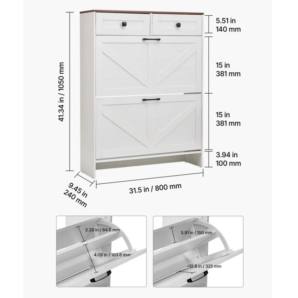 VEVOR Shoe Cabinet with 2 Flip Drawers, Farmhouse Shoes Storage Cabinet with 2 Drawers and Anti-Tipping Device, Freestanding Shoe Organizer Ideal for Entryway, Hallway, Bedroom, Living Room, White