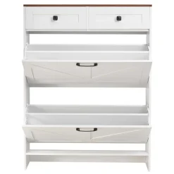 VEVOR Shoe Cabinet with 2 Flip Drawers, Farmhouse Shoes Storage Cabinet with 2 Drawers and Anti-Tipping Device, Freestanding Shoe Organizer Ideal for Entryway, Hallway, Bedroom, Living Room, White