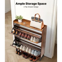 VEVOR Shoe Cabinet with 2 Flip Drawers, Farmhouse Shoes Storage Cabinet with Metal Legs and Anti-Tipping Device, Freestanding Shoe Organizer Ideal for Entryway, Hallway, Bedroom, Living Room, Brown
