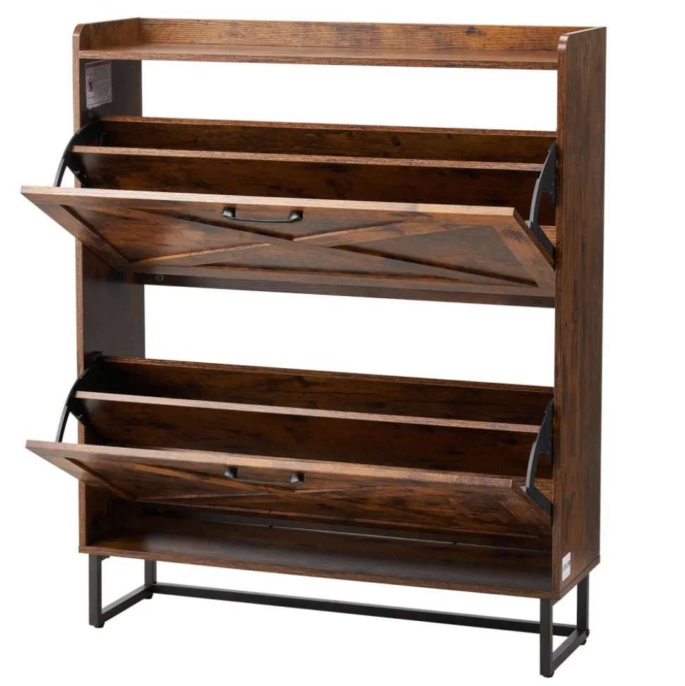 VEVOR Shoe Cabinet with 2 Flip Drawers, Mid-Century Shoes Storage Cabinet with Anti-Tipping Device, Freestanding Fluted Shoe Organizer, Ideal for Entrance, Hallway, Bedroom, Living Room, Walnut