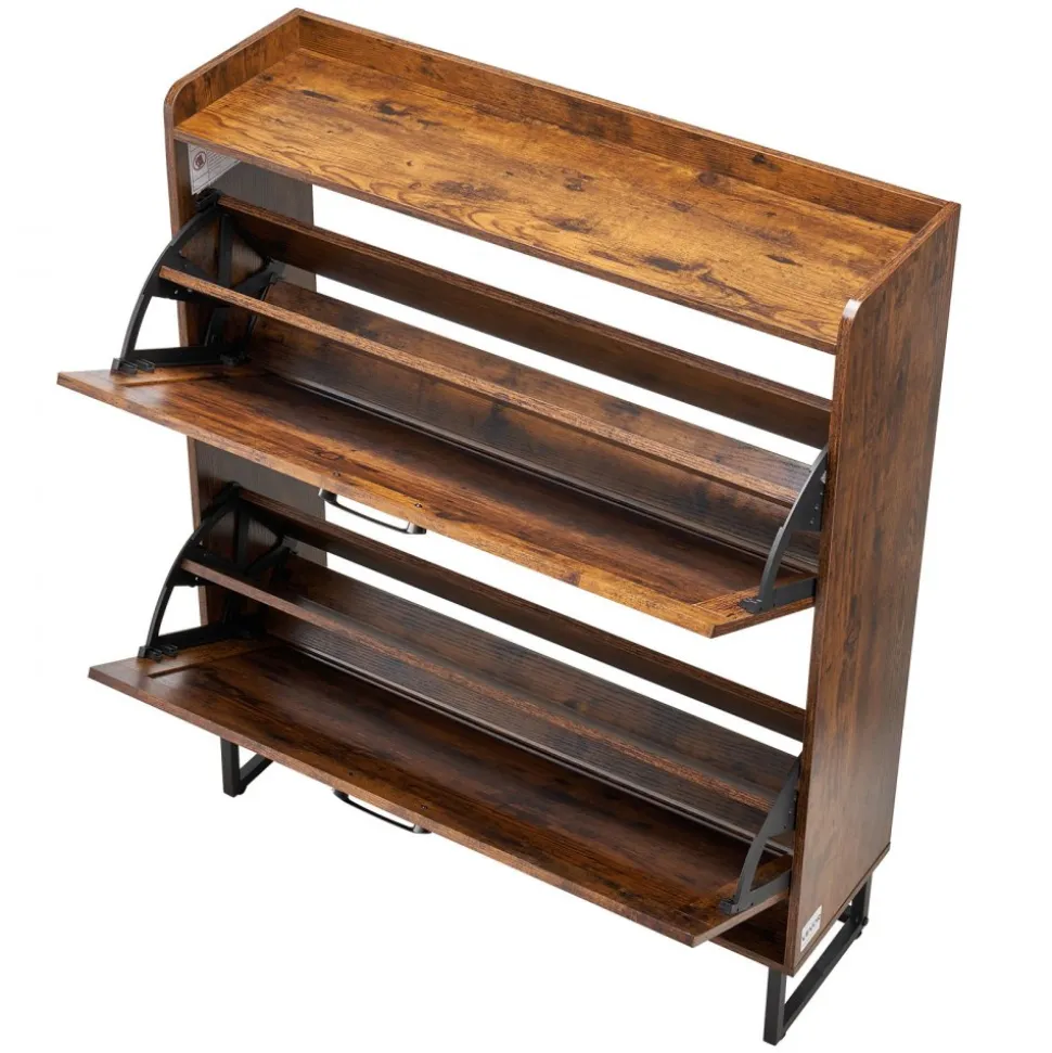 VEVOR Shoe Cabinet with 2 Flip Drawers, Mid-Century Shoes Storage Cabinet with Anti-Tipping Device, Freestanding Fluted Shoe Organizer, Ideal for Entrance, Hallway, Bedroom, Living Room, Walnut