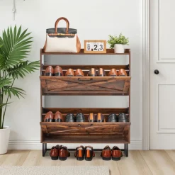 VEVOR Shoe Cabinet with 2 Flip Drawers, Mid-Century Shoes Storage Cabinet with Anti-Tipping Device, Freestanding Fluted Shoe Organizer, Ideal for Entrance, Hallway, Bedroom, Living Room, Walnut