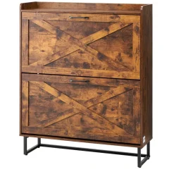 VEVOR Shoe Cabinet with 2 Flip Drawers, Mid-Century Shoes Storage Cabinet with Anti-Tipping Device, Freestanding Fluted Shoe Organizer, Ideal for Entrance, Hallway, Bedroom, Living Room, Walnut