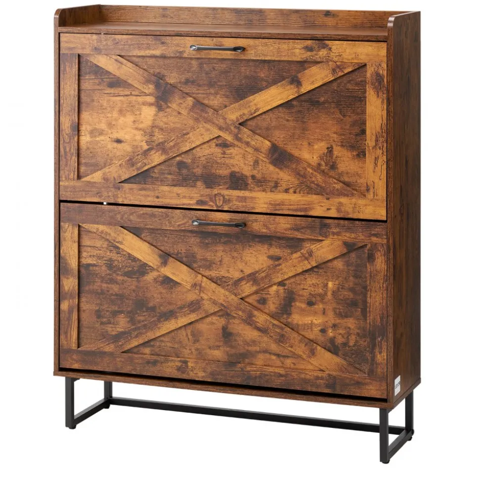 VEVOR Shoe Cabinet with 2 Flip Drawers, Mid-Century Shoes Storage Cabinet with Anti-Tipping Device, Freestanding Fluted Shoe Organizer, Ideal for Entrance, Hallway, Bedroom, Living Room, Walnut