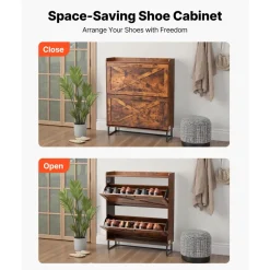 VEVOR Shoe Cabinet with 2 Flip Drawers, Mid-Century Shoes Storage Cabinet with Anti-Tipping Device, Freestanding Fluted Shoe Organizer, Ideal for Entrance, Hallway, Bedroom, Living Room, Walnut