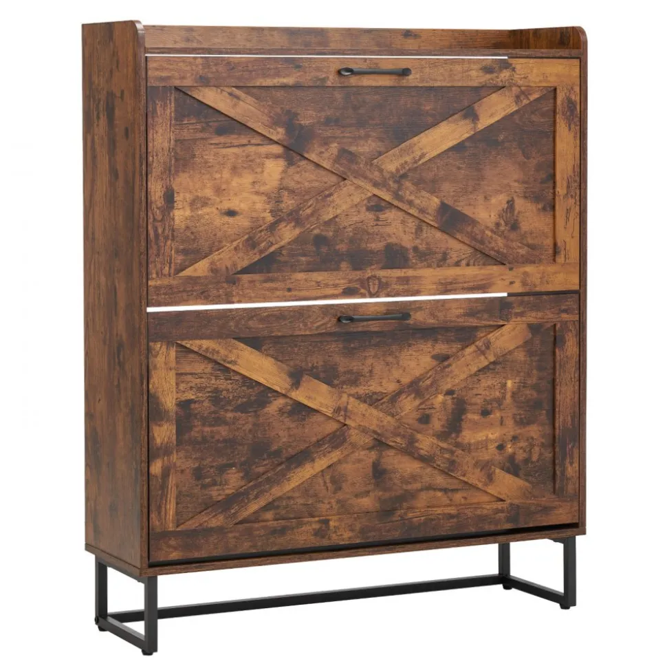 VEVOR Shoe Cabinet with 2 Flip Drawers, Mid-Century Shoes Storage Cabinet with Anti-Tipping Device, Freestanding Fluted Shoe Organizer, Ideal for Entrance, Hallway, Bedroom, Living Room, Walnut
