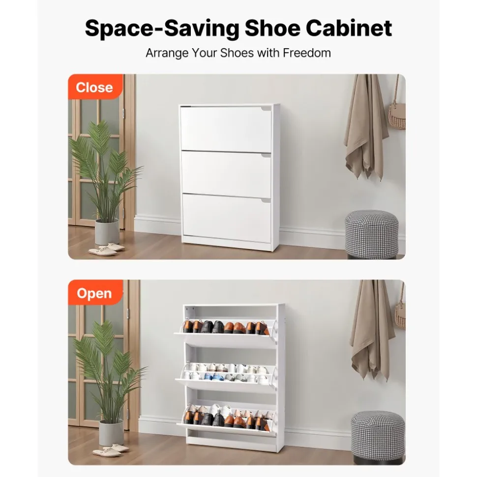 VEVOR Shoe Cabinet with 3 Flip Drawers, Modern Shoes Storage Cabinet with Anti-Tipping Device, Freestanding Shoe Rack Organizer, Ideal for Entryway, Hallway, Bedroom, Living Room, Closet, White