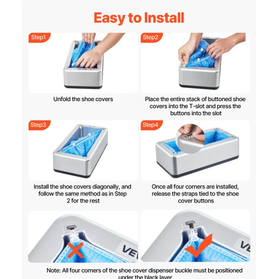 VEVOR Shoe Cover Dispenser, Automatic Shoe Covers Dispenser with 100 Pcs of Non-Slip Disposable Shoes Covers, Fits Size Up to US 11, for Home, Office, Lab, Factory, Hospital, Indoor Use, Silver