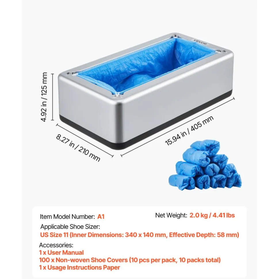 VEVOR Shoe Cover Dispenser, Automatic Shoe Covers Dispenser with 100 Pcs of Non-Slip Disposable Shoes Covers, Fits Size Up to US 11, for Home, Office, Lab, Factory, Hospital, Indoor Use, Silver