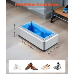 VEVOR Shoe Cover Dispenser, Automatic Shoe Covers Dispenser with 100 Pcs of Non-Slip Disposable Shoes Covers, Fits Size Up to US 11, for Home, Office, Lab, Factory, Hospital, Indoor Use, Silver