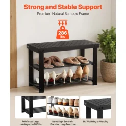 VEVOR Shoe Rack Bench, 3-Tier Bamboo Entryway Bench, Shoe Storage Organizer Holds Up to 286 lbs, 27.6 x 11.3 x 17.8 Inches, for Front Door, Hallway, Living Room, Bedroom, Black