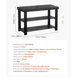VEVOR Shoe Rack Bench, 3-Tier Bamboo Entryway Bench, Shoe Storage Organizer Holds Up to 286 lbs, 27.6 x 11.3 x 17.8 Inches, for Front Door, Hallway, Living Room, Bedroom, Black
