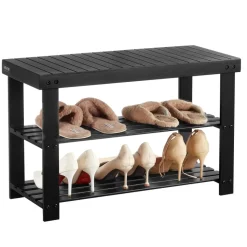 VEVOR Shoe Rack Bench, 3-Tier Bamboo Entryway Bench, Shoe Storage Organizer Holds Up to 286 lbs, 27.6 x 11.3 x 17.8 Inches, for Front Door, Hallway, Living Room, Bedroom, Black