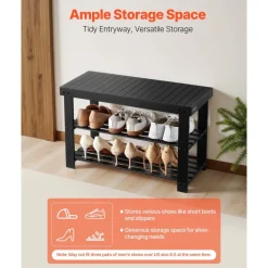 VEVOR Shoe Rack Bench, 3-Tier Bamboo Entryway Bench, Shoe Storage Organizer Holds Up to 286 lbs, 27.6 x 11.3 x 17.8 Inches, for Front Door, Hallway, Living Room, Bedroom, Black