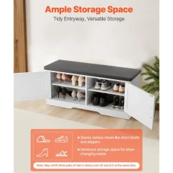 VEVOR Shoe Storage Bench, 39.4 x 14.0 x 18.1 Inch Shoe Organizer with Padded Seat Cushion, Entryway Bench with 2 Barn Doors and Height Adjustable Shelf, for Hallway, Living Room, Bedroom, White+Black