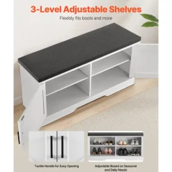 VEVOR Shoe Storage Bench, 39.4 x 14.0 x 18.1 Inch Shoe Organizer with Padded Seat Cushion, Entryway Bench with 2 Barn Doors and Height Adjustable Shelf, for Hallway, Living Room, Bedroom, White+Black