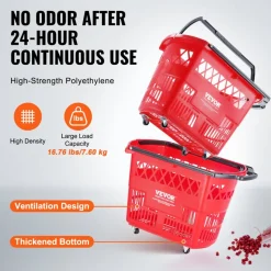 VEVOR Shopping Baskets, 6PCS, 39L Shopping Carts with Handles, Plastic Rolling Shopping Basket with Wheels, Large Portable Shopping Basket Set for Supermarkets, Retail Stores, Grocery Shopping, Red