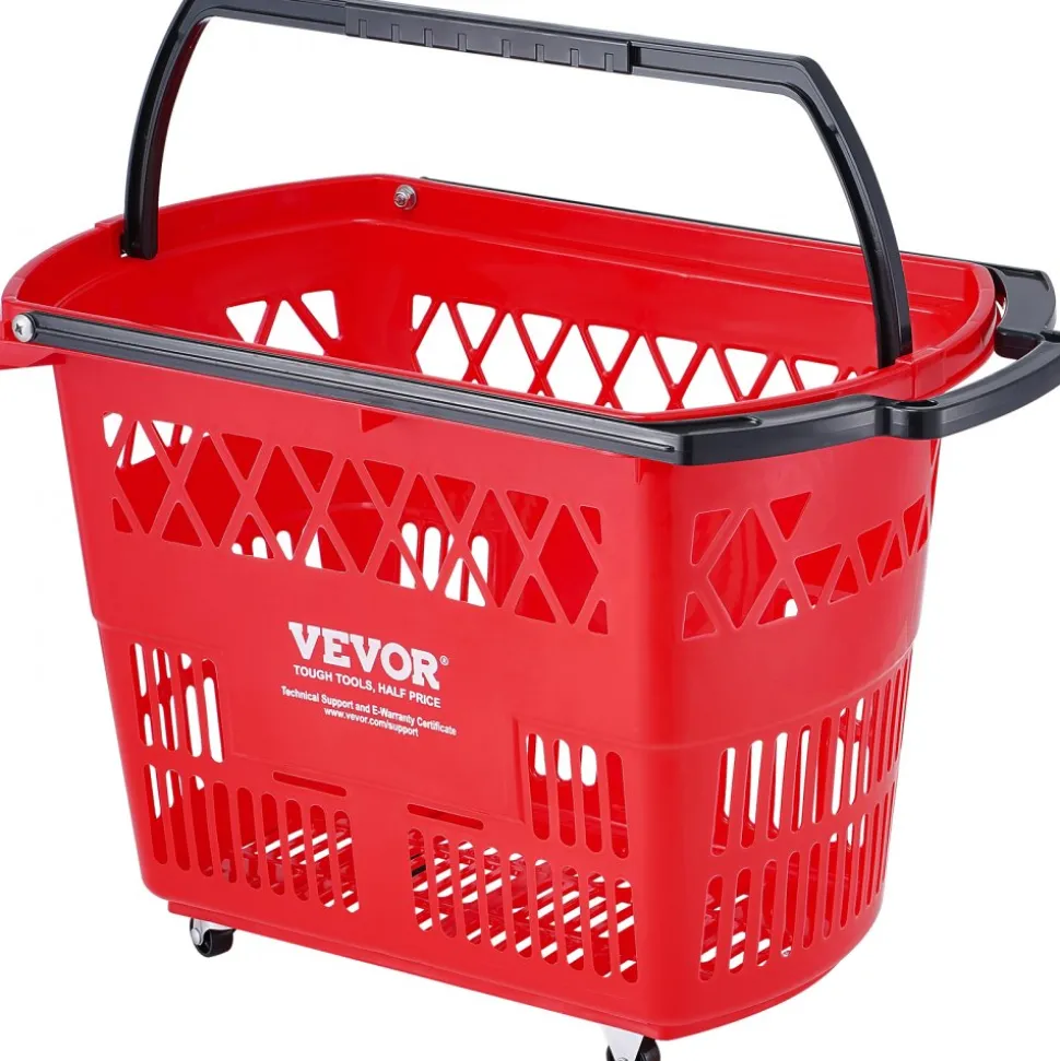 VEVOR Shopping Baskets, 6PCS, 39L Shopping Carts with Handles, Plastic Rolling Shopping Basket with Wheels, Large Portable Shopping Basket Set for Supermarkets, Retail Stores, Grocery Shopping, Red