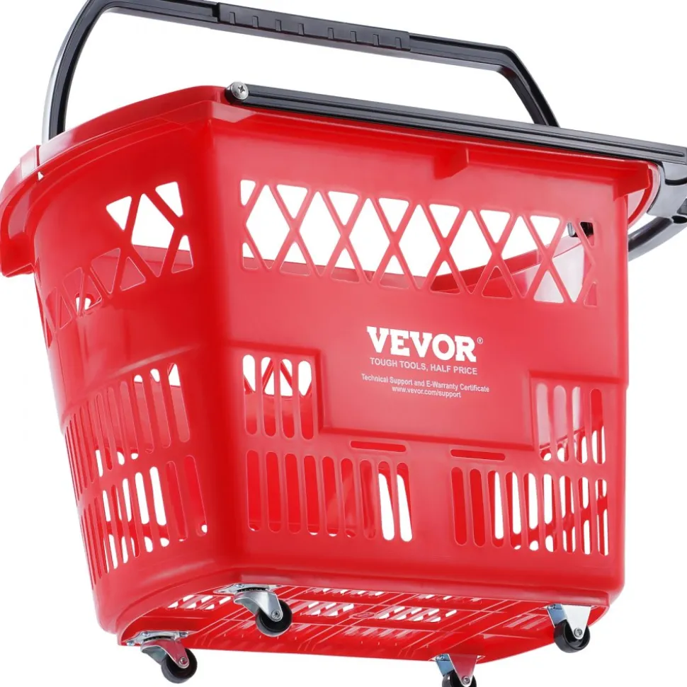 VEVOR Shopping Baskets, 6PCS, 39L Shopping Carts with Handles, Plastic Rolling Shopping Basket with Wheels, Large Portable Shopping Basket Set for Supermarkets, Retail Stores, Grocery Shopping, Red