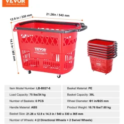 VEVOR Shopping Baskets, 6PCS, 39L Shopping Carts with Handles, Plastic Rolling Shopping Basket with Wheels, Large Portable Shopping Basket Set for Supermarkets, Retail Stores, Grocery Shopping, Red