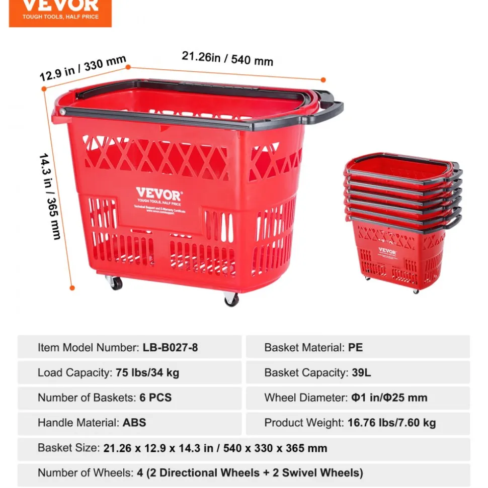 VEVOR Shopping Baskets, 6PCS, 39L Shopping Carts with Handles, Plastic Rolling Shopping Basket with Wheels, Large Portable Shopping Basket Set for Supermarkets, Retail Stores, Grocery Shopping, Red
