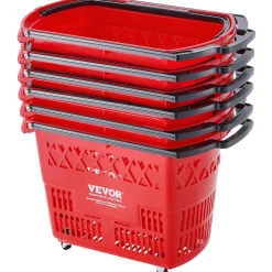 VEVOR Shopping Baskets, 6PCS, 39L Shopping Carts with Handles, Plastic Rolling Shopping Basket with Wheels, Large Portable Shopping Basket Set for Supermarkets, Retail Stores, Grocery Shopping, Red