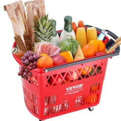 VEVOR Shopping Baskets, 6PCS, 39L Shopping Carts with Handles, Plastic Rolling Shopping Basket with Wheels, Large Portable Shopping Basket Set for Supermarkets, Retail Stores, Grocery Shopping, Red
