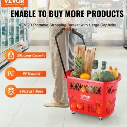 VEVOR Shopping Baskets, 6PCS, 39L Shopping Carts with Handles, Plastic Rolling Shopping Basket with Wheels, Large Portable Shopping Basket Set for Supermarkets, Retail Stores, Grocery Shopping, Red