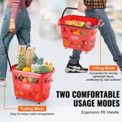 VEVOR Shopping Baskets, 6PCS, 39L Shopping Carts with Handles, Plastic Rolling Shopping Basket with Wheels, Large Portable Shopping Basket Set for Supermarkets, Retail Stores, Grocery Shopping, Red