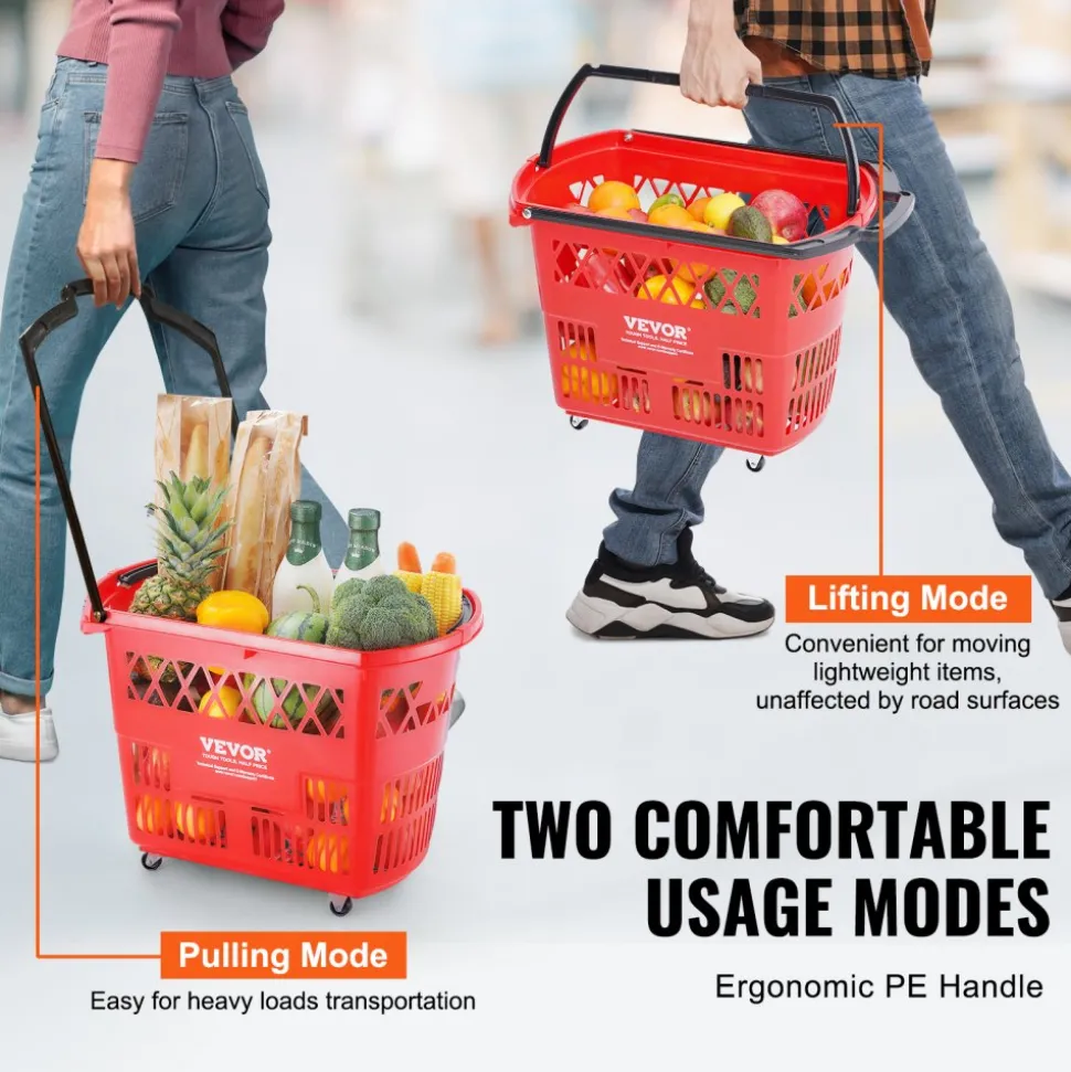 VEVOR Shopping Baskets, 6PCS, 39L Shopping Carts with Handles, Plastic Rolling Shopping Basket with Wheels, Large Portable Shopping Basket Set for Supermarkets, Retail Stores, Grocery Shopping, Red