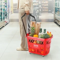 VEVOR Shopping Baskets, 6PCS, 39L Shopping Carts with Handles, Plastic Rolling Shopping Basket with Wheels, Large Portable Shopping Basket Set for Supermarkets, Retail Stores, Grocery Shopping, Red