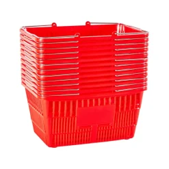 VEVOR Shopping Baskets, 12 PCS, 21L Stackable PE Plastic Grocery Baskets with Metal Handles, Dense Mesh Structure, Holds up to 20 lbs, Portable for Grocery, Retail, Stores, Supermarket, Home Use, Red