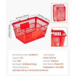VEVOR Shopping Baskets, 12 PCS, 21L Stackable PE Plastic Grocery Baskets with Metal Handles, Dense Mesh Structure, Holds up to 20 lbs, Portable for Grocery, Retail, Stores, Supermarket, Home Use, Red