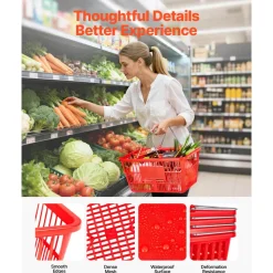 VEVOR Shopping Baskets, 12 PCS, 21L Stackable PE Plastic Grocery Baskets with Metal Handles, Dense Mesh Structure, Holds up to 20 lbs, Portable for Grocery, Retail, Stores, Supermarket, Home Use, Red