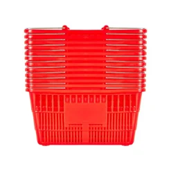 VEVOR Shopping Baskets, 12 PCS, 21L Stackable PE Plastic Grocery Baskets with Metal Handles, Dense Mesh Structure, Holds up to 20 lbs, Portable for Grocery, Retail, Stores, Supermarket, Home Use, Red