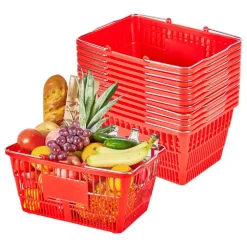 VEVOR Shopping Baskets, 12 PCS, 21L Stackable PE Plastic Grocery Baskets with Metal Handles, Dense Mesh Structure, Holds up to 20 lbs, Portable for Grocery, Retail, Stores, Supermarket, Home Use, Red
