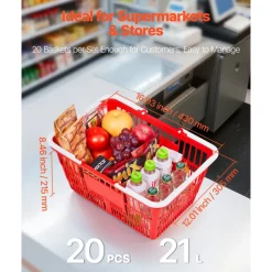 VEVOR Shopping Baskets, 12 PCS, 22L Stackable Metal Grocery Baskets with Handles, Dense Mesh Structure, Holds up to 44 lbs, Portable for Grocery, Retail, Stores, Supermarket, Bookstore, Home Use, Red