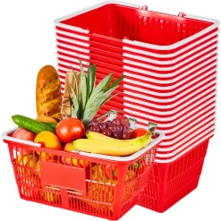 VEVOR Shopping Baskets, 12 PCS, 22L Stackable Metal Grocery Baskets with Handles, Dense Mesh Structure, Holds up to 44 lbs, Portable for Grocery, Retail, Stores, Supermarket, Bookstore, Home Use, Red