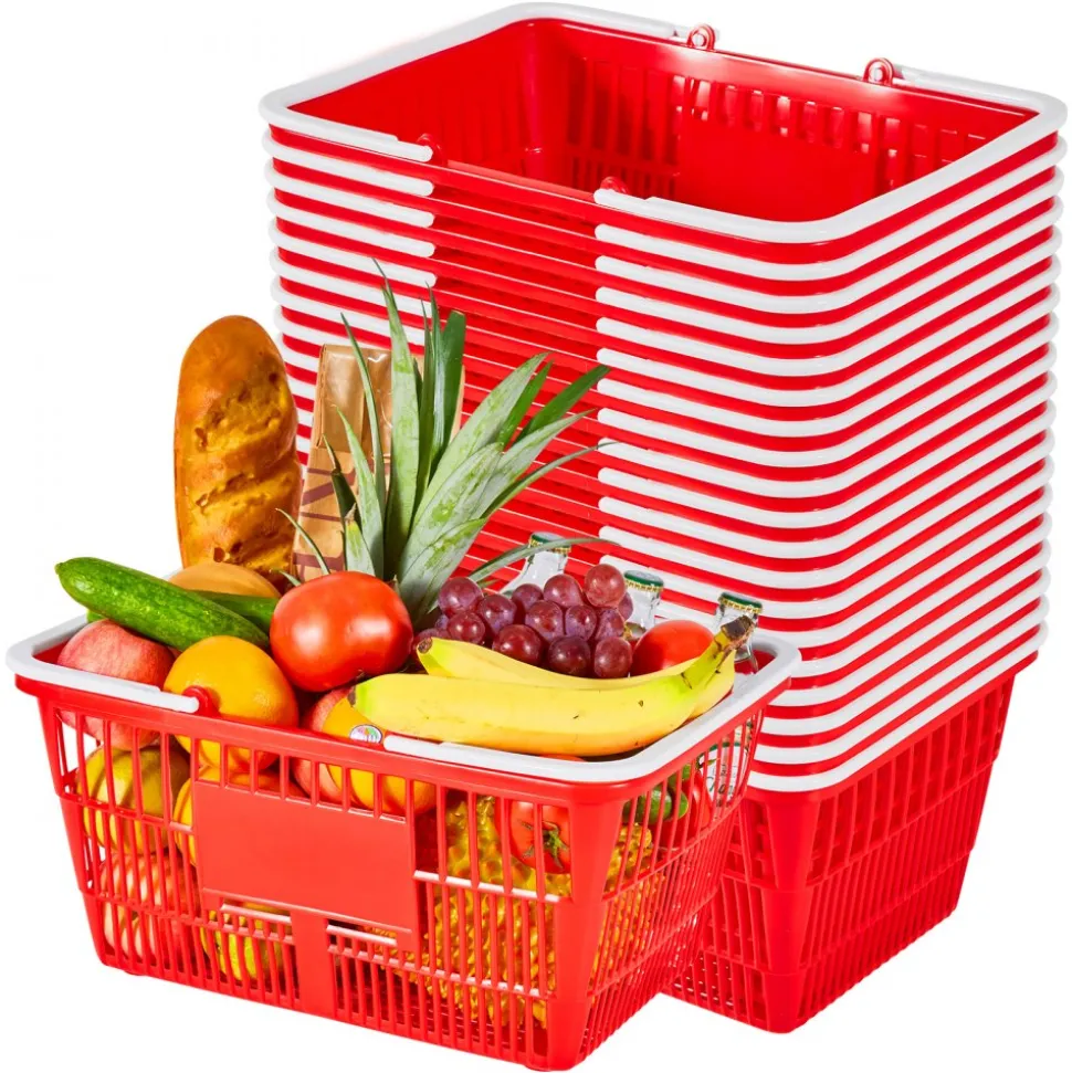 VEVOR Shopping Baskets, 12 PCS, 22L Stackable Metal Grocery Baskets with Handles, Dense Mesh Structure, Holds up to 44 lbs, Portable for Grocery, Retail, Stores, Supermarket, Bookstore, Home Use, Red