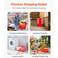 VEVOR Shopping Baskets, 12 PCS, 22L Stackable Metal Grocery Baskets with Handles, Dense Mesh Structure, Holds up to 44 lbs, Portable for Grocery, Retail, Stores, Supermarket, Bookstore, Home Use, Red