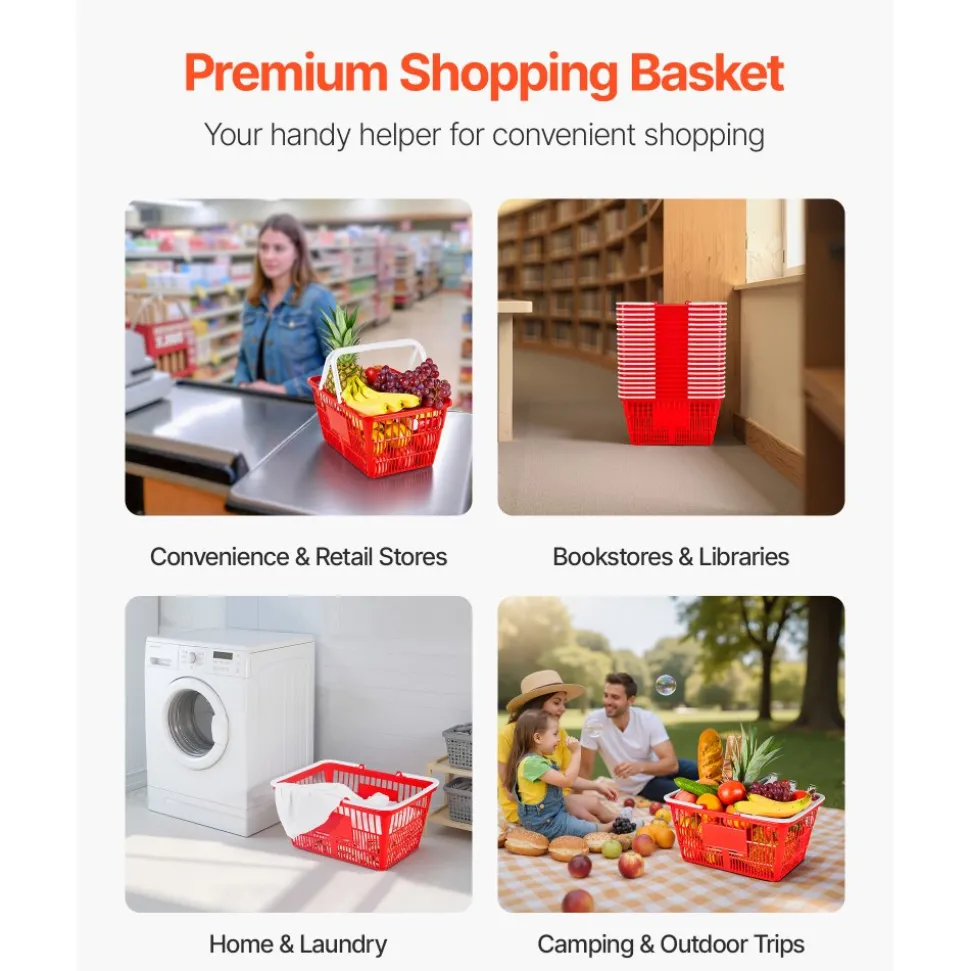 VEVOR Shopping Baskets, 12 PCS, 22L Stackable Metal Grocery Baskets with Handles, Dense Mesh Structure, Holds up to 44 lbs, Portable for Grocery, Retail, Stores, Supermarket, Bookstore, Home Use, Red