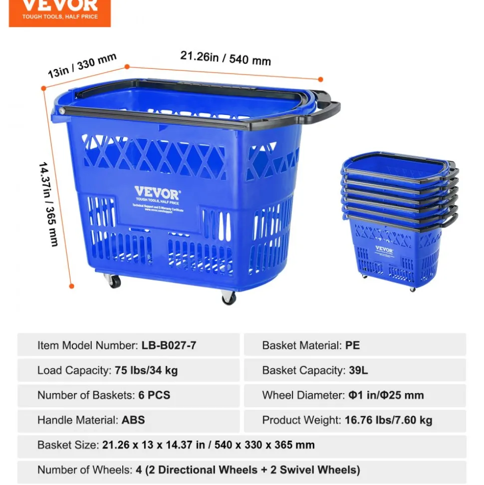 VEVOR Shopping Baskets, 12 PCS, 21L Stackable PE Plastic Grocery Baskets with Handles, Dense Mesh Structure, Holds up to 20 lbs, Portable for Grocery, Retail, Stores, Supermarket, Home Use, Red