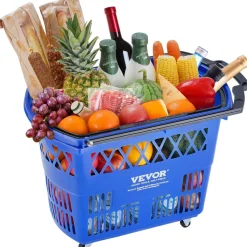 VEVOR Shopping Baskets, 12 PCS, 21L Stackable PE Plastic Grocery Baskets with Handles, Dense Mesh Structure, Holds up to 20 lbs, Portable for Grocery, Retail, Stores, Supermarket, Home Use, Red