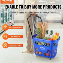 VEVOR Shopping Baskets, 12 PCS, 21L Stackable PE Plastic Grocery Baskets with Handles, Dense Mesh Structure, Holds up to 20 lbs, Portable for Grocery, Retail, Stores, Supermarket, Home Use, Red
