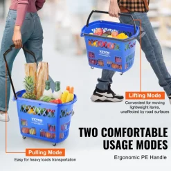 VEVOR Shopping Baskets, 12 PCS, 21L Stackable PE Plastic Grocery Baskets with Handles, Dense Mesh Structure, Holds up to 20 lbs, Portable for Grocery, Retail, Stores, Supermarket, Home Use, Red