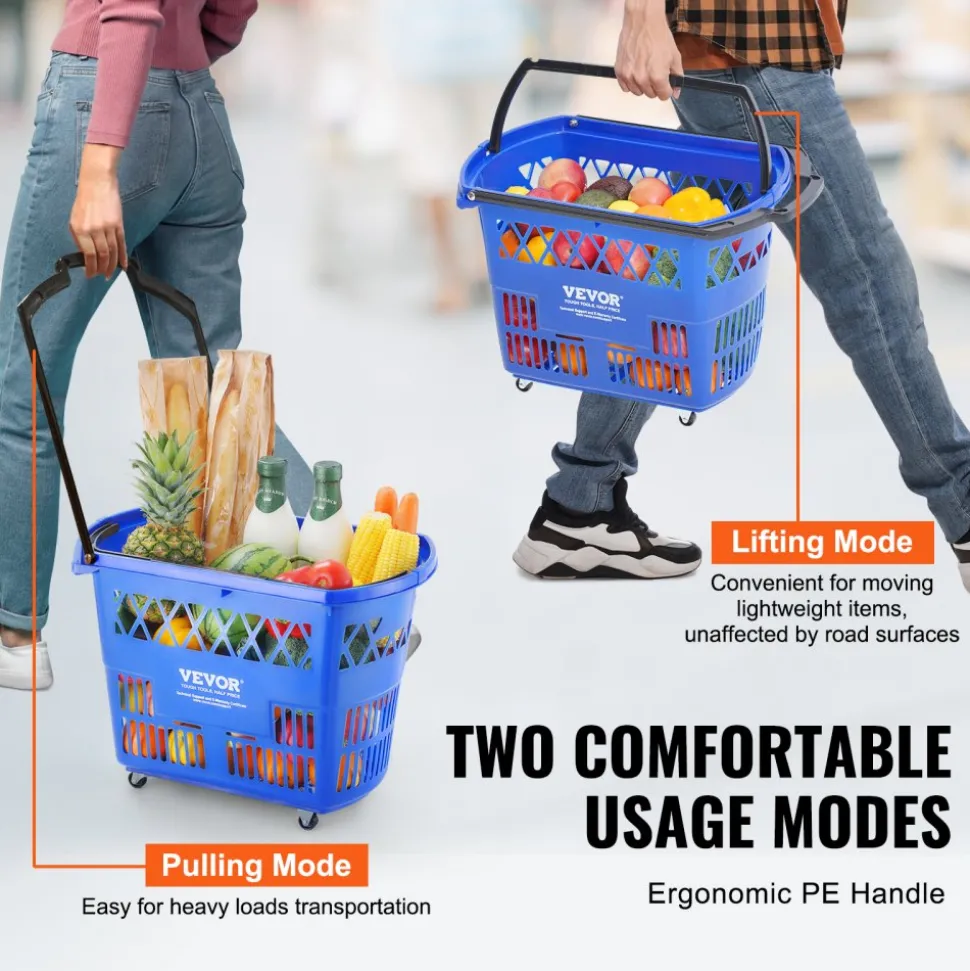VEVOR Shopping Baskets, 12 PCS, 21L Stackable PE Plastic Grocery Baskets with Handles, Dense Mesh Structure, Holds up to 20 lbs, Portable for Grocery, Retail, Stores, Supermarket, Home Use, Red