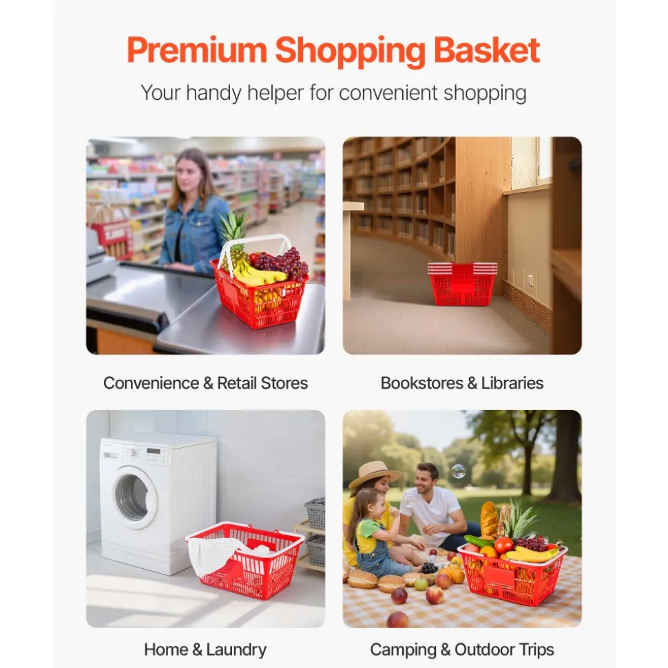 VEVOR Shopping Baskets, 12 PCS, 21L Stackable PE Plastic Grocery Baskets with Handles, Dense Mesh Structure, Holds up to 20 lbs, Portable for Grocery, Retail, Stores, Supermarket, Home Use, Black