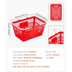 VEVOR Shopping Baskets, 12 PCS, 21L Stackable PE Plastic Grocery Baskets with Handles, Dense Mesh Structure, Holds up to 20 lbs, Portable for Grocery, Retail, Stores, Supermarket, Home Use, Black