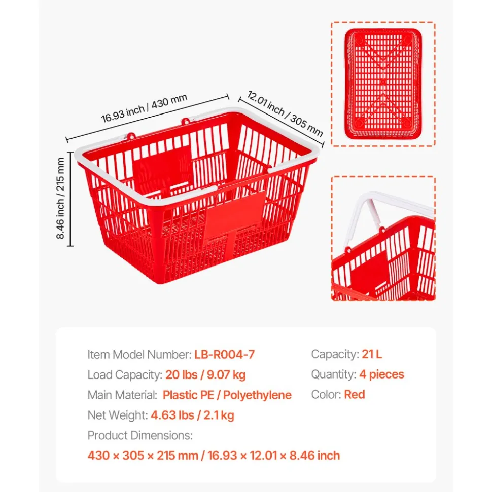 VEVOR Shopping Baskets, 12 PCS, 21L Stackable PE Plastic Grocery Baskets with Handles, Dense Mesh Structure, Holds up to 20 lbs, Portable for Grocery, Retail, Stores, Supermarket, Home Use, Black